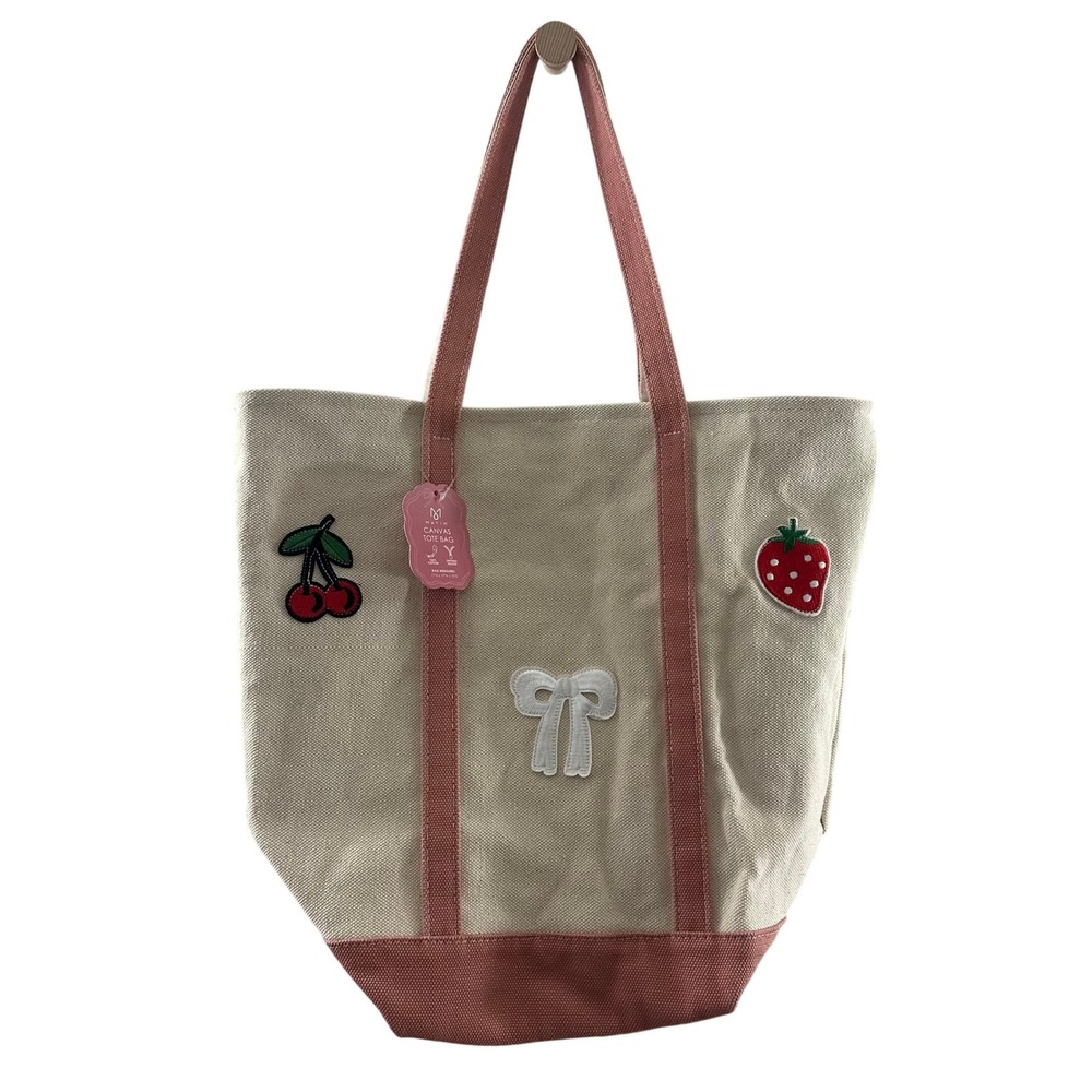 Mayim Canvas Tote Bag Cream Pink Fruit Cherry Strawberry Bow Patch Zip NWT